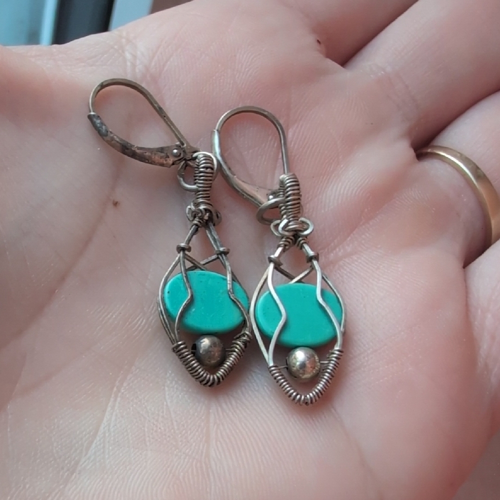 Turquoise Wire Wrapped Earrings - Picture 3 of 4